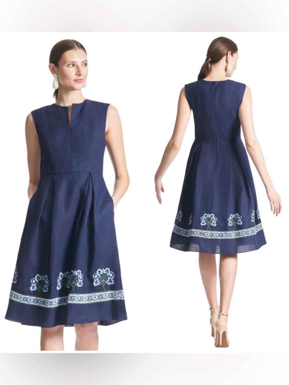 SACHIN & BABI Christina Linen-Blend Navy Embroidered Midi Dress NWT $425